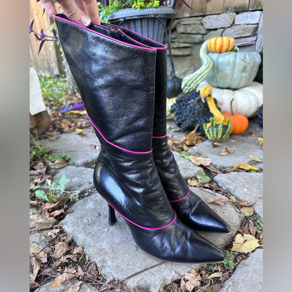 VTG Furla Black w/ Pink Trim Pointed Toe Heeled Boots